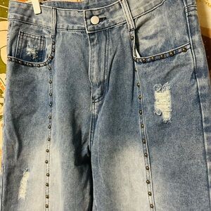 Studded Distressed Blue Jeans